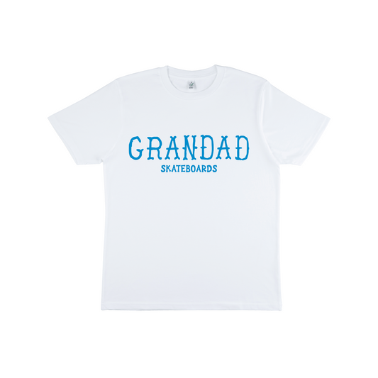 White Grandad Skateboards Dead Alen large logo tee (Blue Logo)